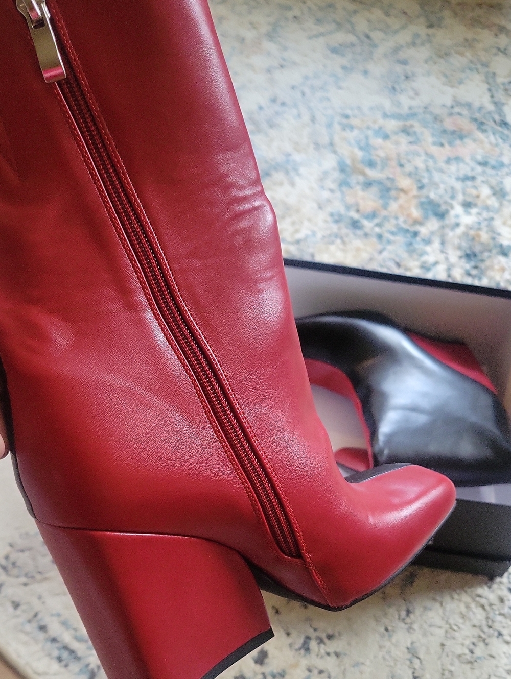 AZALEA WANG Black Leather Mid-Calf Boots with Red Block Heel - Picture 5 of 8